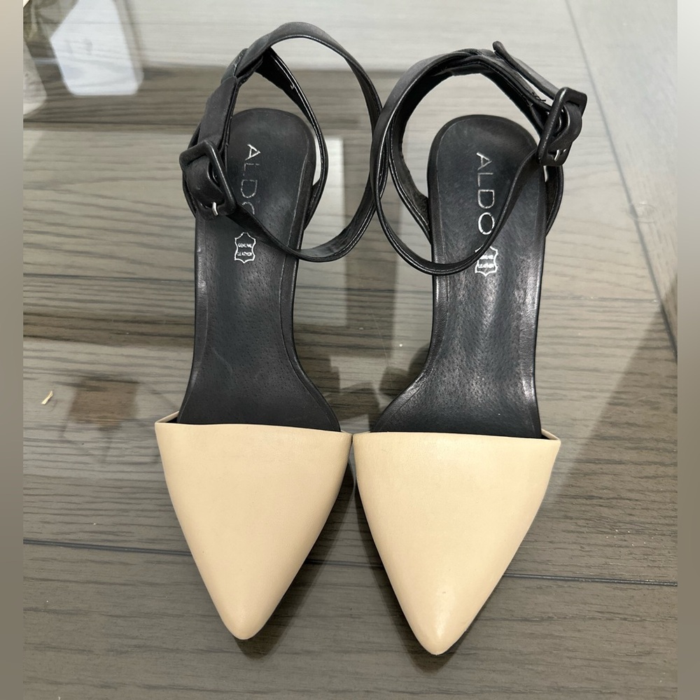 Aldo Black and Cream Pointed Toe Heels with Ankle Strap
